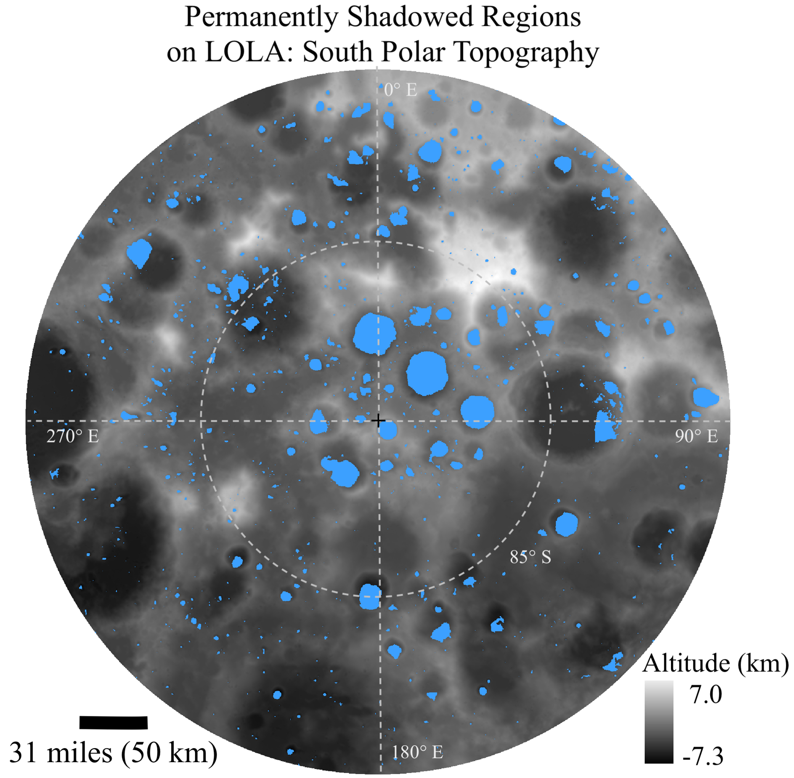 LOLA topographic map of the Moon's south pole showing permanently shadowed regions (blue) — potential ice deposit sites near the Shackleton area.