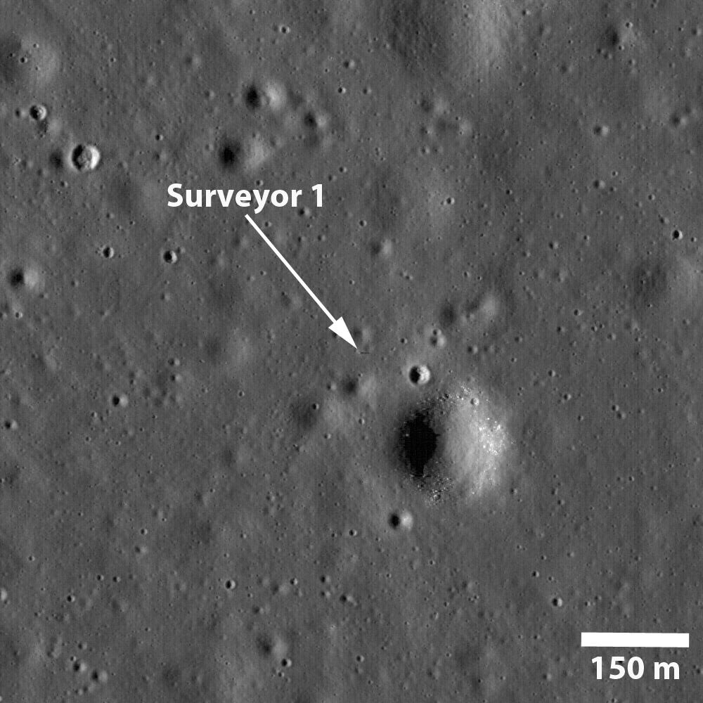 Surveyor 1 landing site on Oceanus Procellarum, imaged by NASA's Lunar Reconnaissance Orbiter. The bright spot marks the spacecraft's resting place.